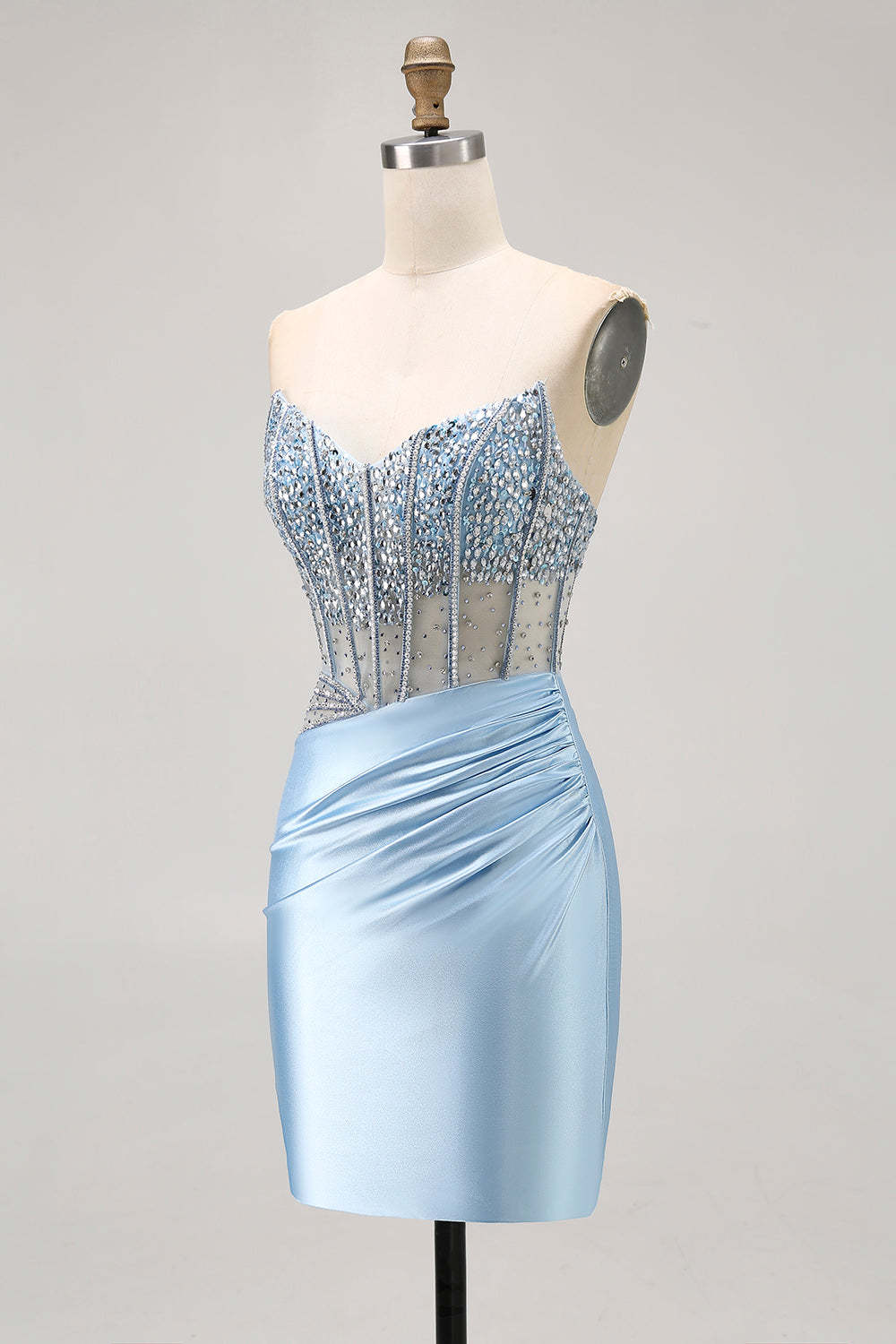 Sparkly Light Blue Strapless Tight Short Corset Homecoming Dress with Rhinestones