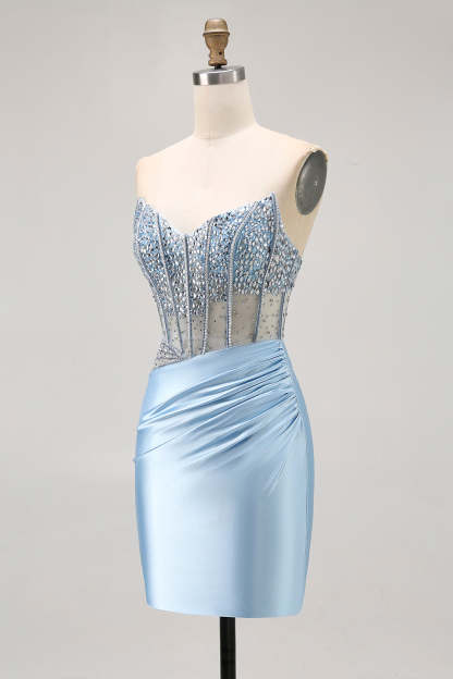 Sparkly Light Blue Strapless Tight Short Corset Homecoming Dress with Rhinestones