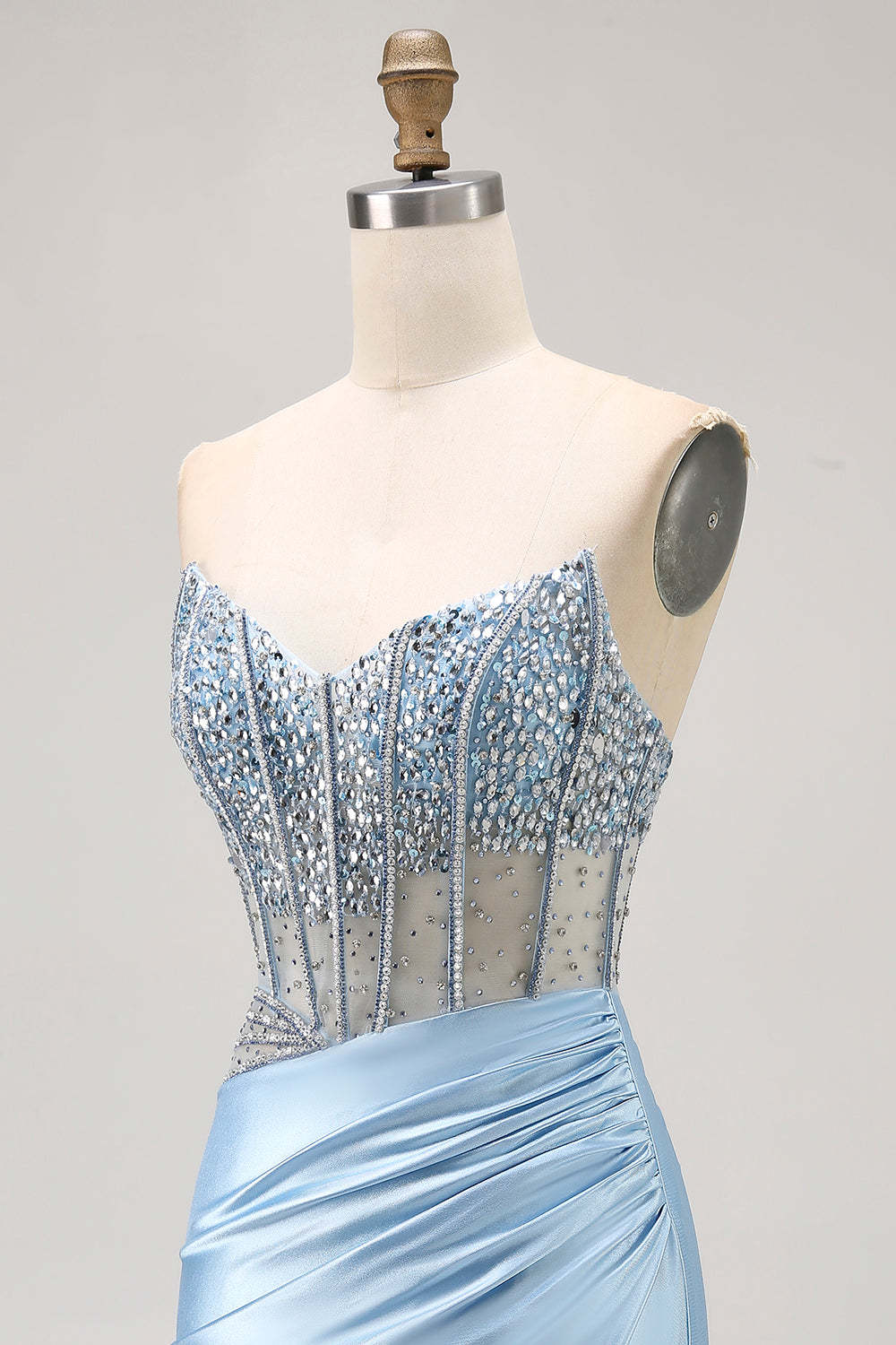 Sparkly Light Blue Strapless Tight Short Corset Homecoming Dress with Rhinestones