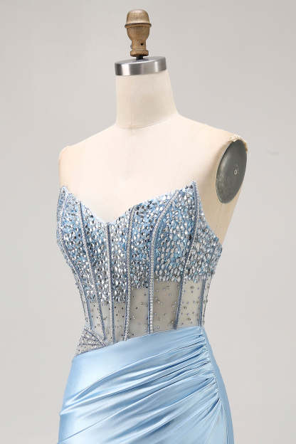 Sparkly Light Blue Strapless Tight Short Corset Homecoming Dress with Rhinestones