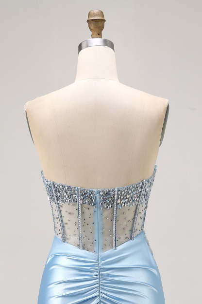Sparkly Light Blue Strapless Tight Short Corset Homecoming Dress with Rhinestones
