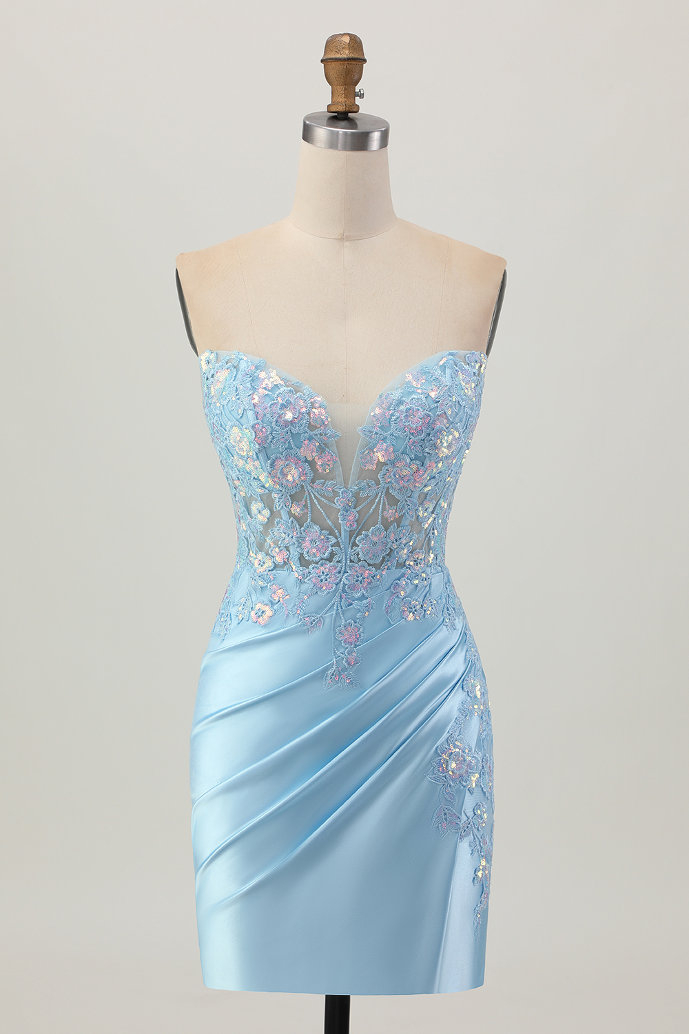 Sparkly Light Blue Corset Tight Sequined Short Appliqued Homecoming Dress