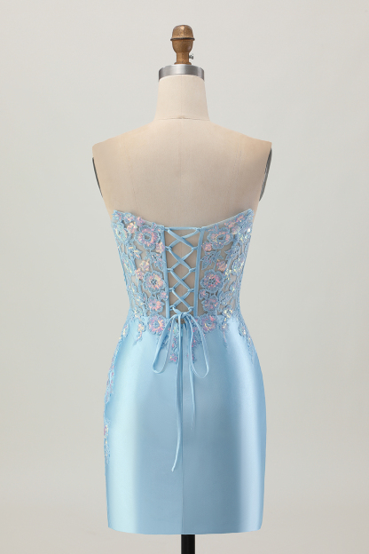 Sparkly Light Blue Corset Tight Sequined Short Appliqued Homecoming Dress