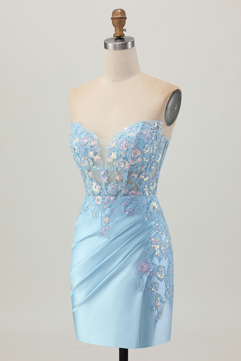 Sparkly Light Blue Tight Corset Sequined Short Appliqued Homecoming Dress