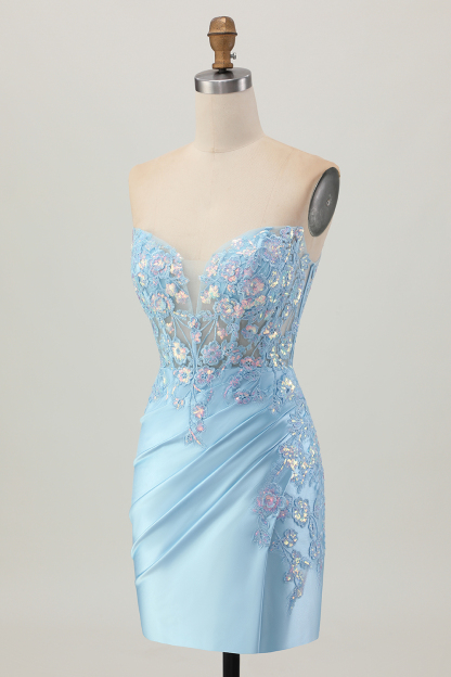 Sparkly Light Blue Tight Corset Sequined Short Appliqued Homecoming Dress