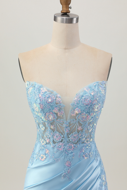 Sparkly Light Blue Corset Tight Sequined Short Appliqued Homecoming Dress