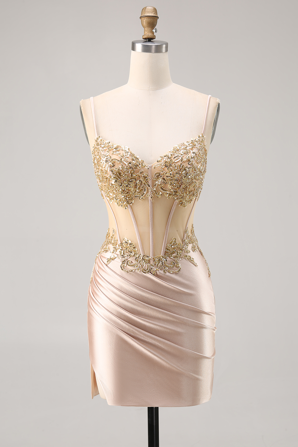 Sparkly Champagne Corset Ruched Tight Short Homecoming Dress with Sequins