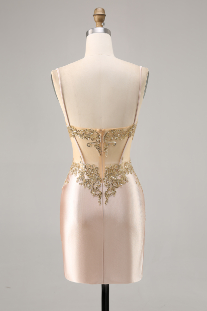 Sparkly Champagne Corset Ruched Tight Short Homecoming Dress with Sequins