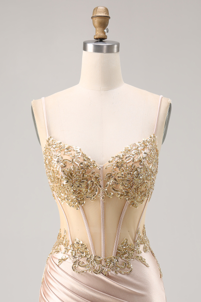 Sparkly Champagne Corset Ruched Tight Short Homecoming Dress with Sequins