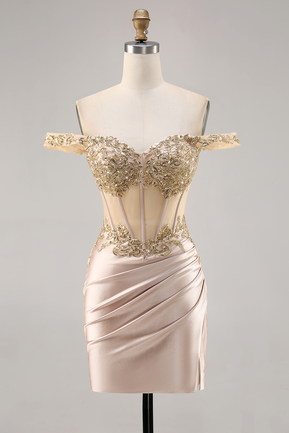 Sparkly Champagne Satin Corset Bodycon Short Homecoming Dress with Sequins