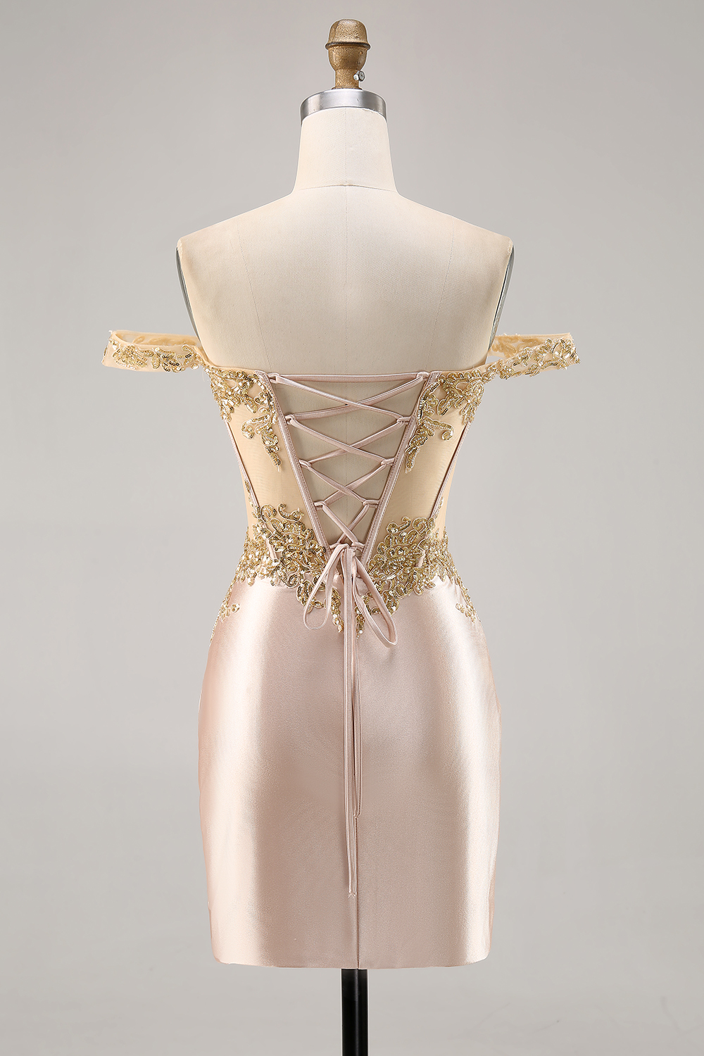 Sparkly Champagne Satin Corset Bodycon Short Homecoming Dress with Sequins