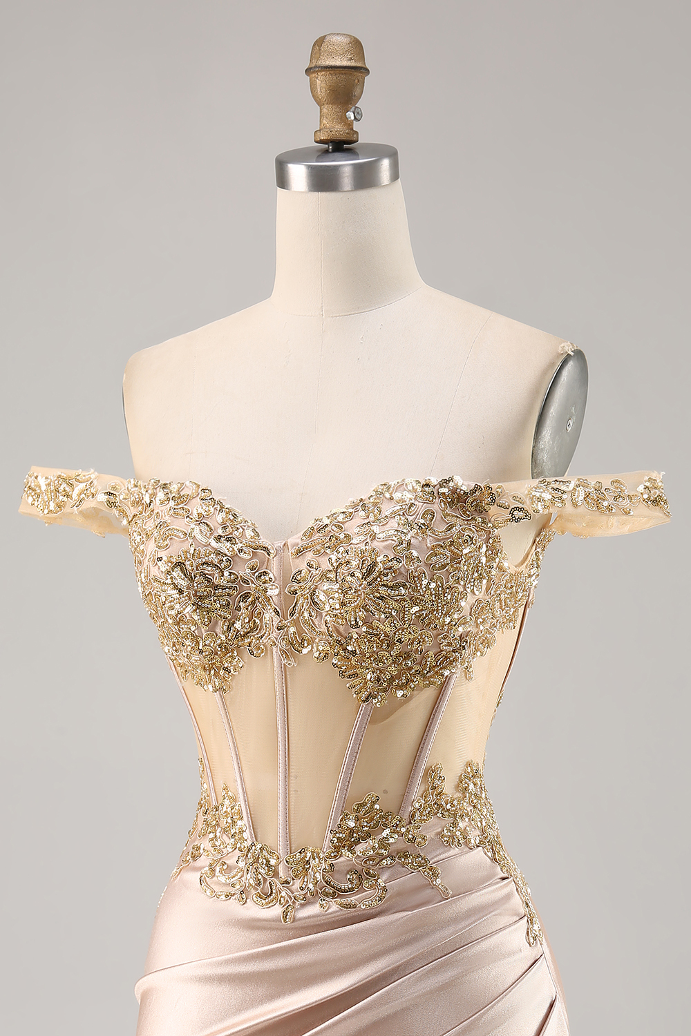 Sparkly Champagne Satin Corset Bodycon Short Homecoming Dress with Sequins