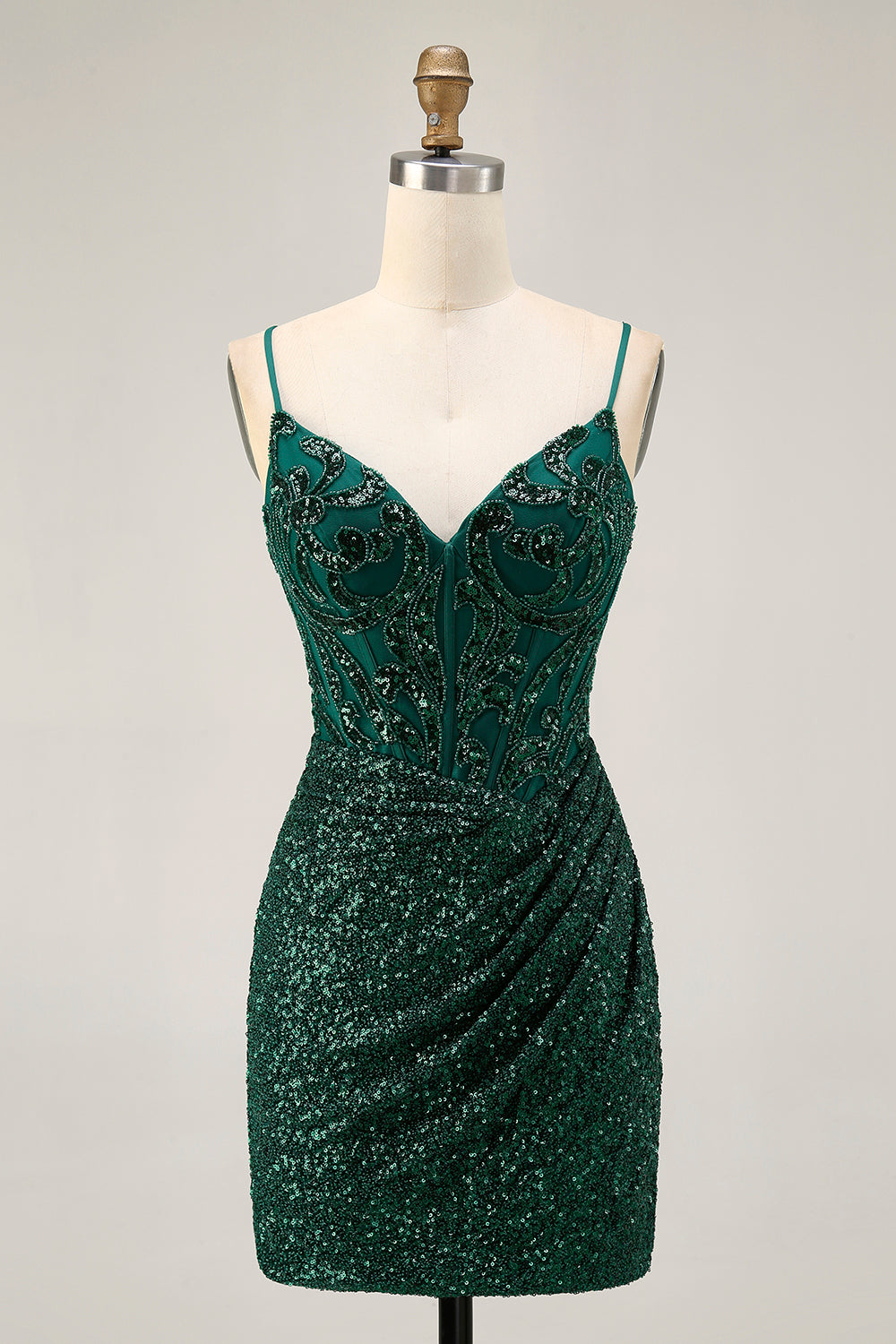 Leely Women Dark Green Corset Short Sparkly Sequin Homecoming Dress Tight V-Neck Cocktail Dress with Beading