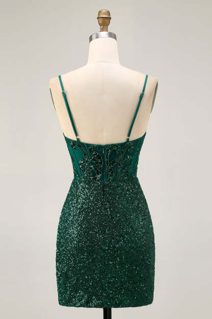 Dark Green Sparkly Sequins V-Neck Corset Short Homecoming Dress