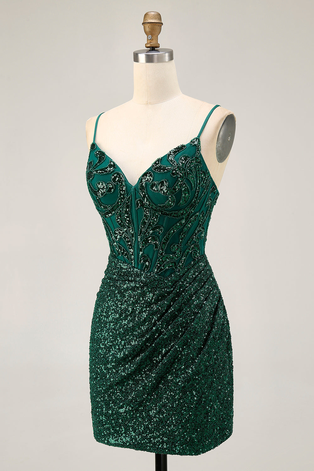 Dark Green Sparkly Sequins V-Neck Corset Short Homecoming Dress