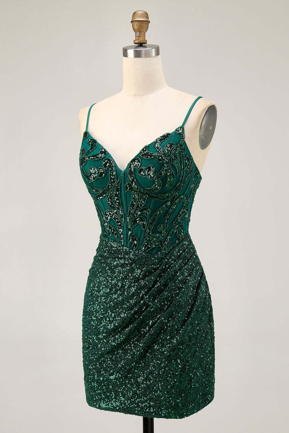 Dark Green Sparkly Sequins V-Neck Corset Short Homecoming Dress