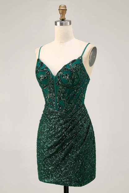 Dark Green Sparkly Sequins V-Neck Corset Short Homecoming Dress