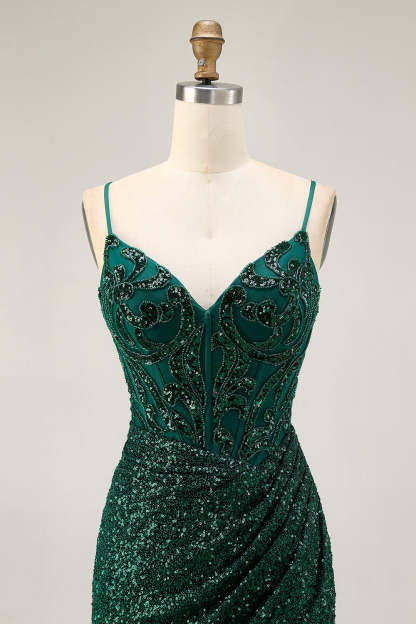 Dark Green Sparkly Sequins V-Neck Corset Short Homecoming Dress