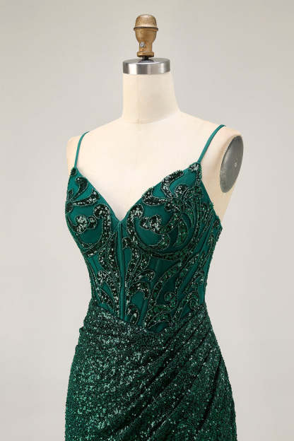 Dark Green Sparkly Sequins V-Neck Corset Short Homecoming Dress