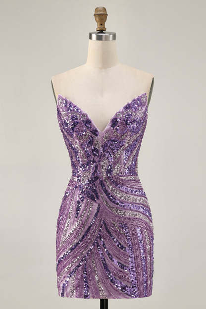 Sparkly Purple Tight Beaded Strapless Short Homecoming Dress with Sequins