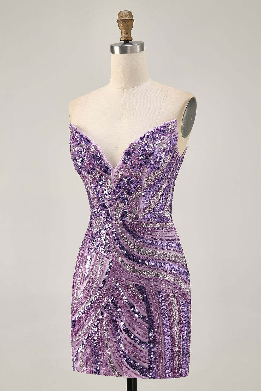 Sparkly Purple Tight Beaded Strapless Short Homecoming Dress with Sequins