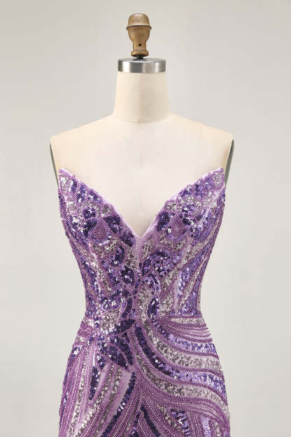 Sparkly Purple Tight Beaded Strapless Short Homecoming Dress with Sequins