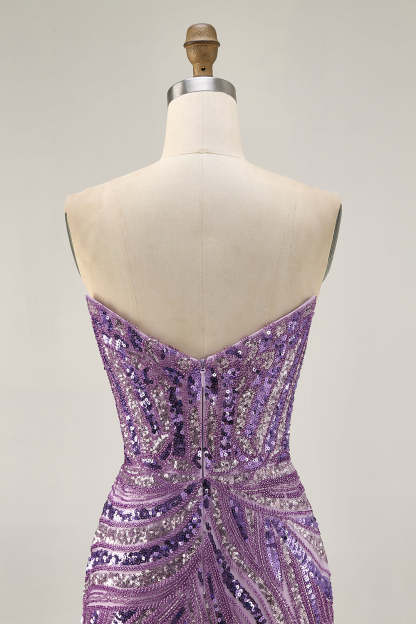 Sparkly Purple Tight Beaded Strapless Short Homecoming Dress with Sequins