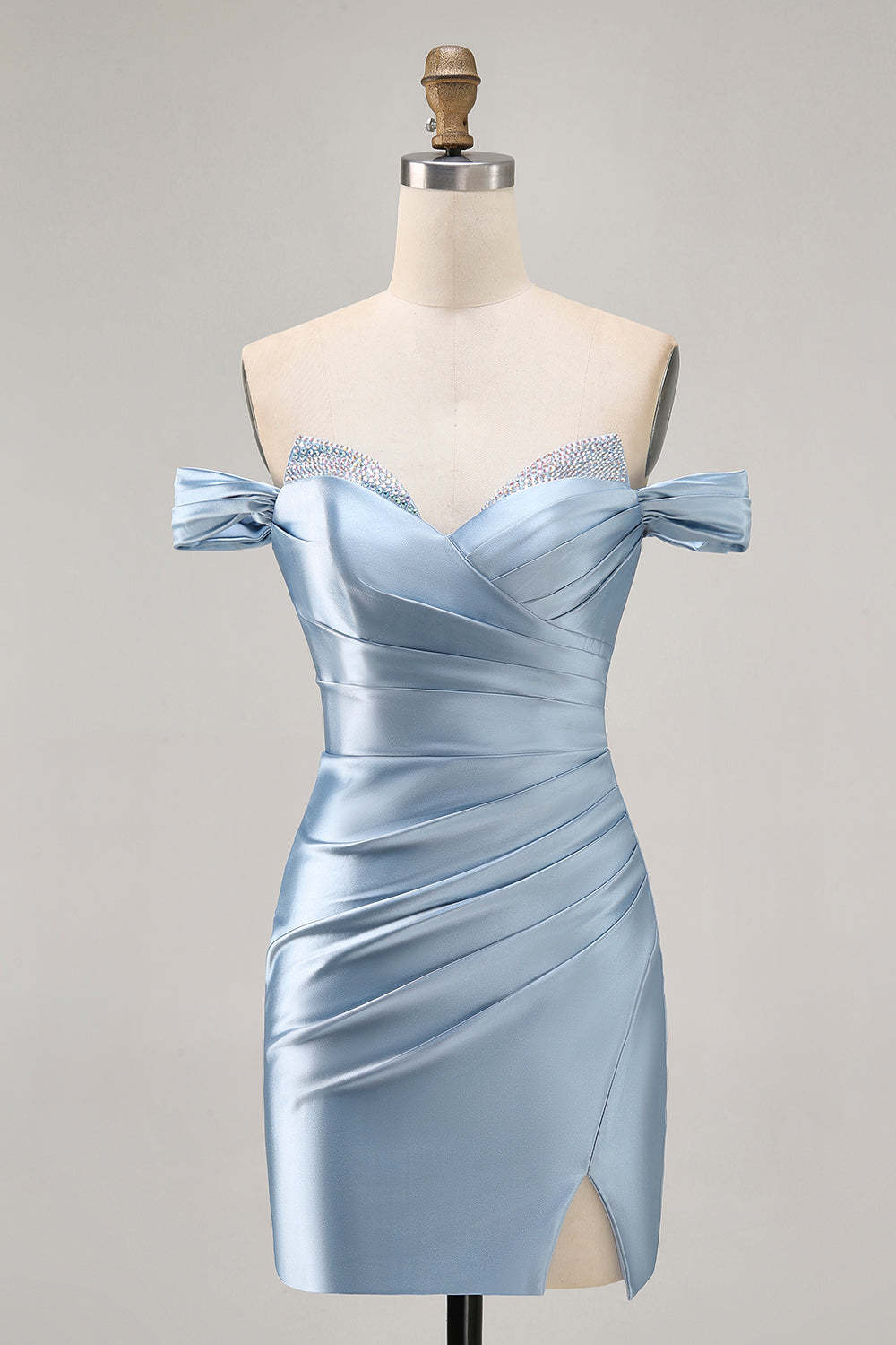 Leely Women Grey Blue Satin Ruched Short Homecoming Dress with Beading Off the Shoulder Tight Lace Up Back Cocktail Dress with Slit