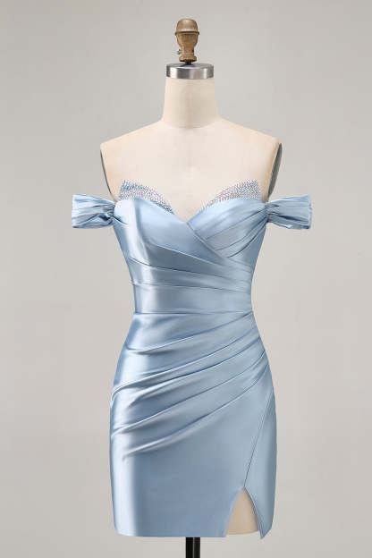 Leely Women Grey Blue Satin Ruched Short Homecoming Dress with Beading Off the Shoulder Tight Lace Up Back Cocktail Dress with Slit