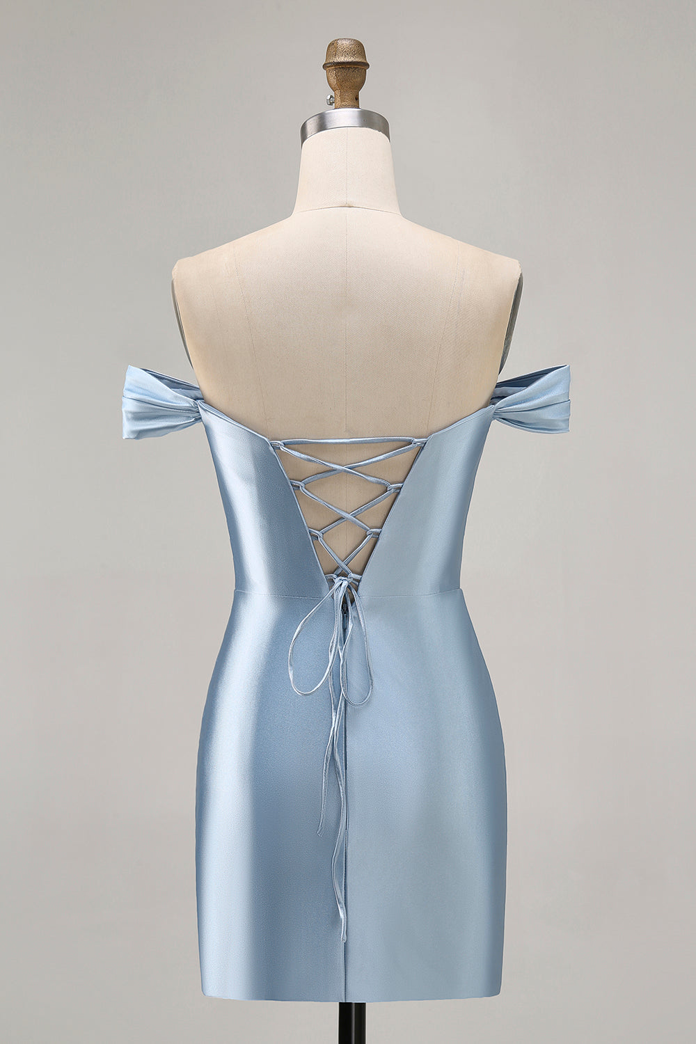 Grey Blue Tight Satin Ruched Off the Shoulder Short Homecoming Dress