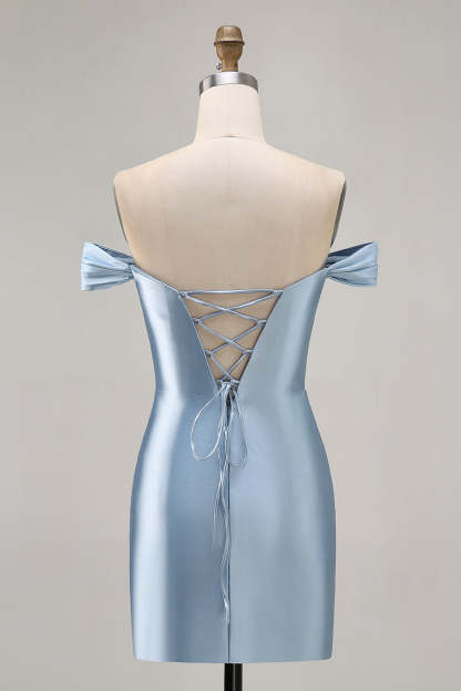 Grey Blue Tight Satin Ruched Off the Shoulder Short Homecoming Dress