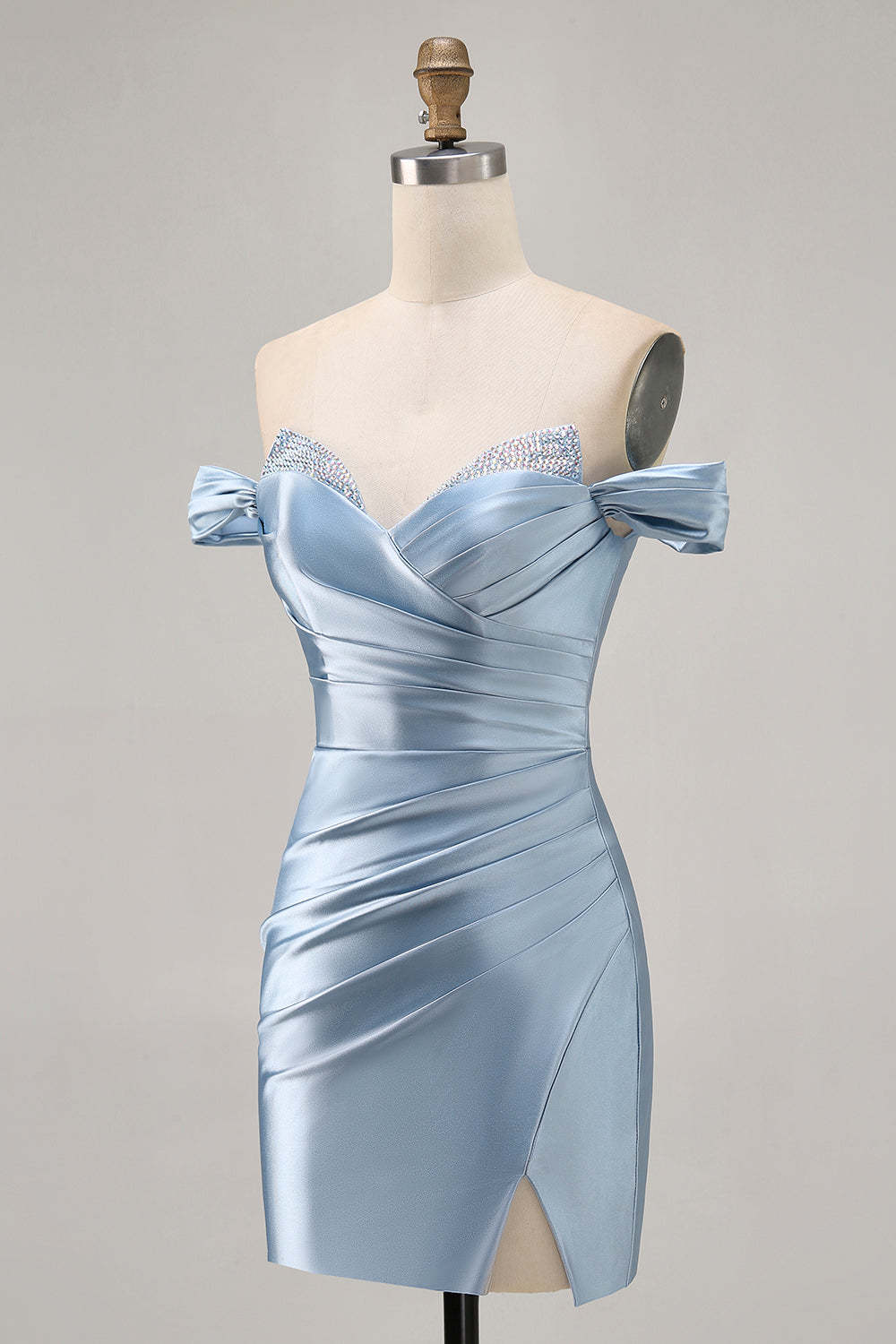 Grey Blue Tight Satin Ruched Off the Shoulder Short Homecoming Dress