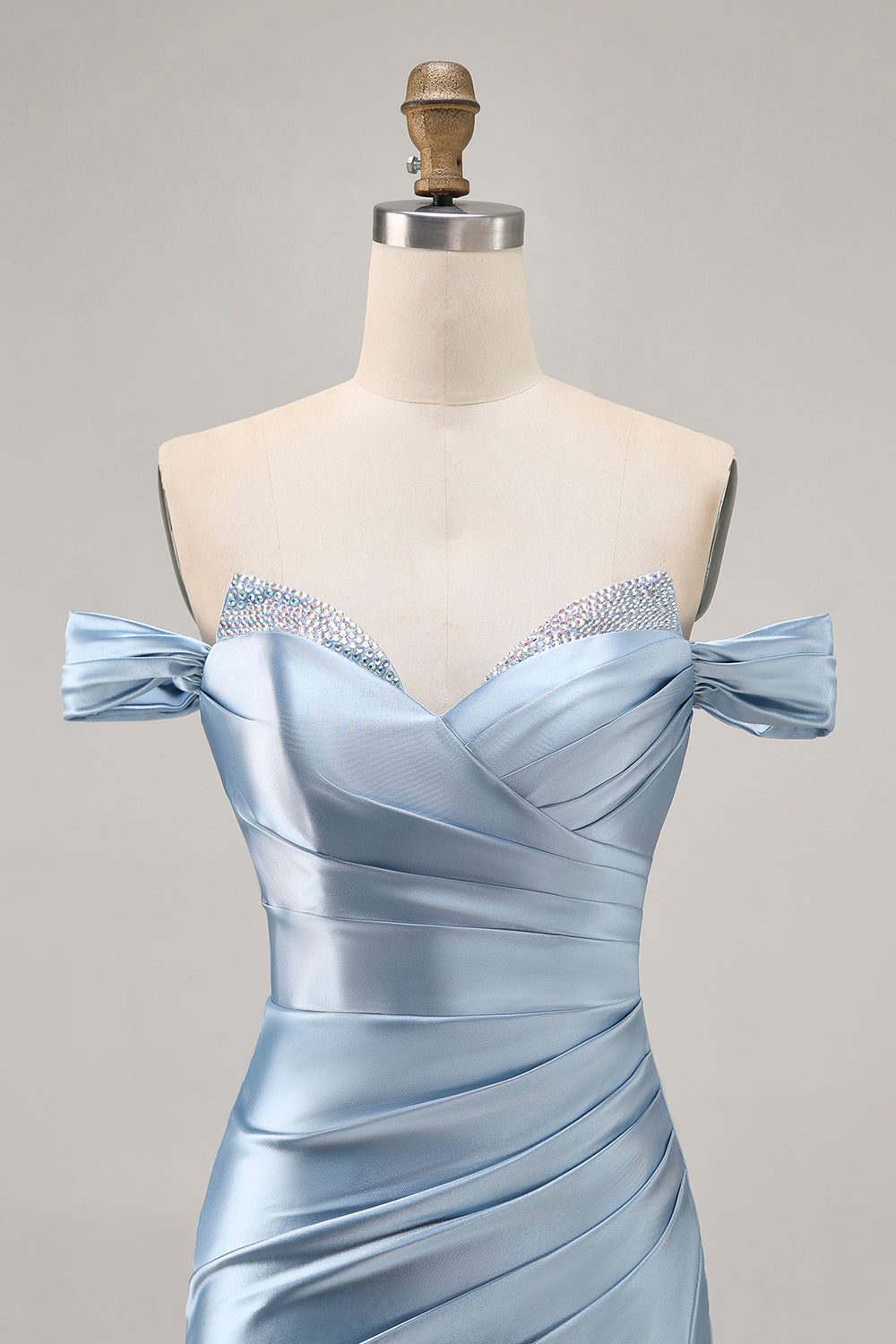 Grey Blue Tight Satin Ruched Off the Shoulder Short Homecoming Dress
