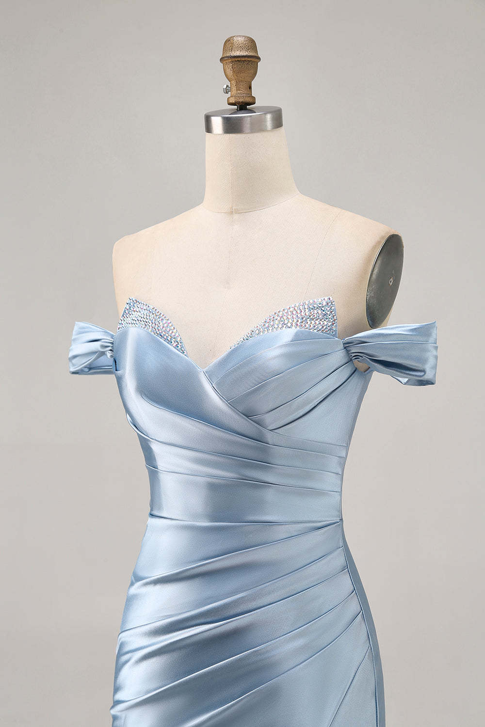 Grey Blue Tight Satin Ruched Off the Shoulder Short Homecoming Dress