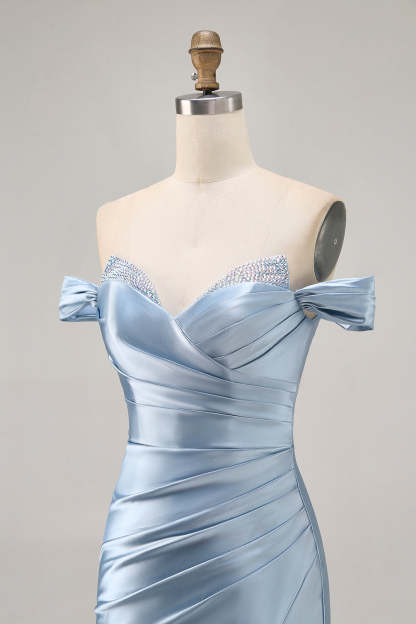 Grey Blue Tight Satin Ruched Off the Shoulder Short Homecoming Dress