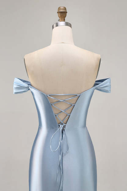 Grey Blue Tight Satin Ruched Off the Shoulder Short Homecoming Dress
