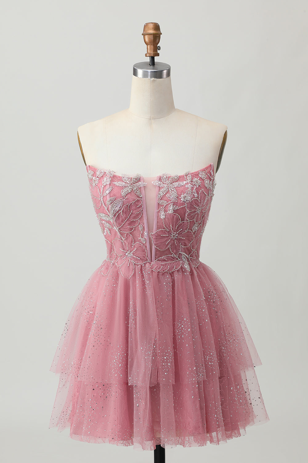 Leely Women Glitter Dusty Rose Tulle Short Corset Homecoming Dress Tiered Strapless A-Line Cocktail Dress with Ruffles