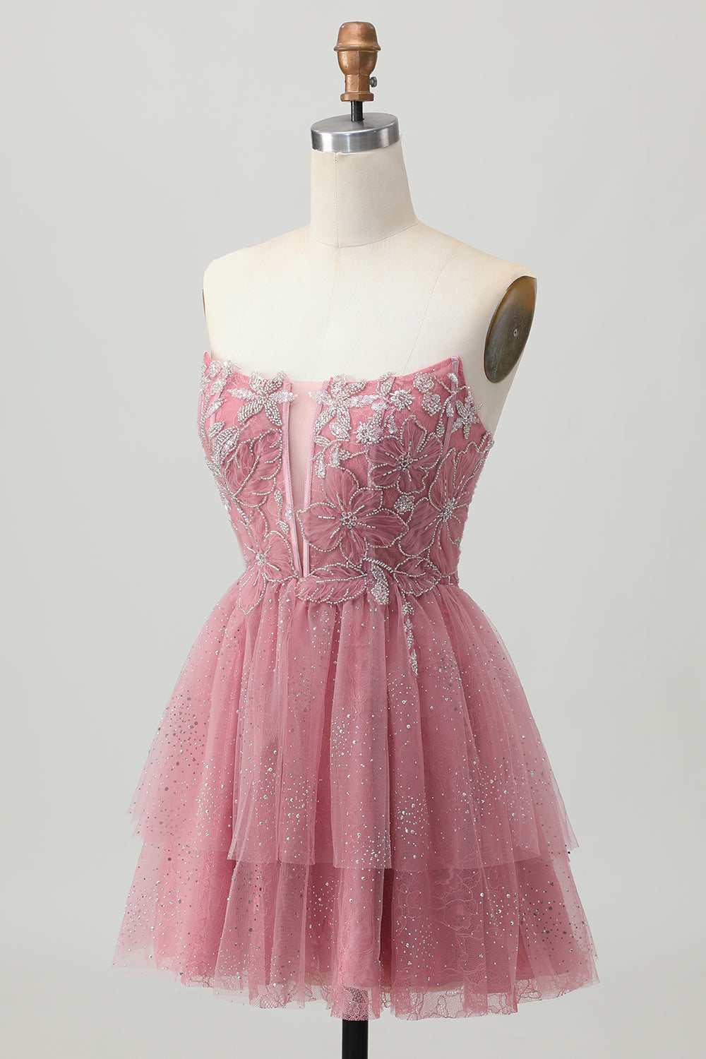 Glitter Dusty Rose Tulle Corset Short Tiered Homecoming Dress with Ruffles