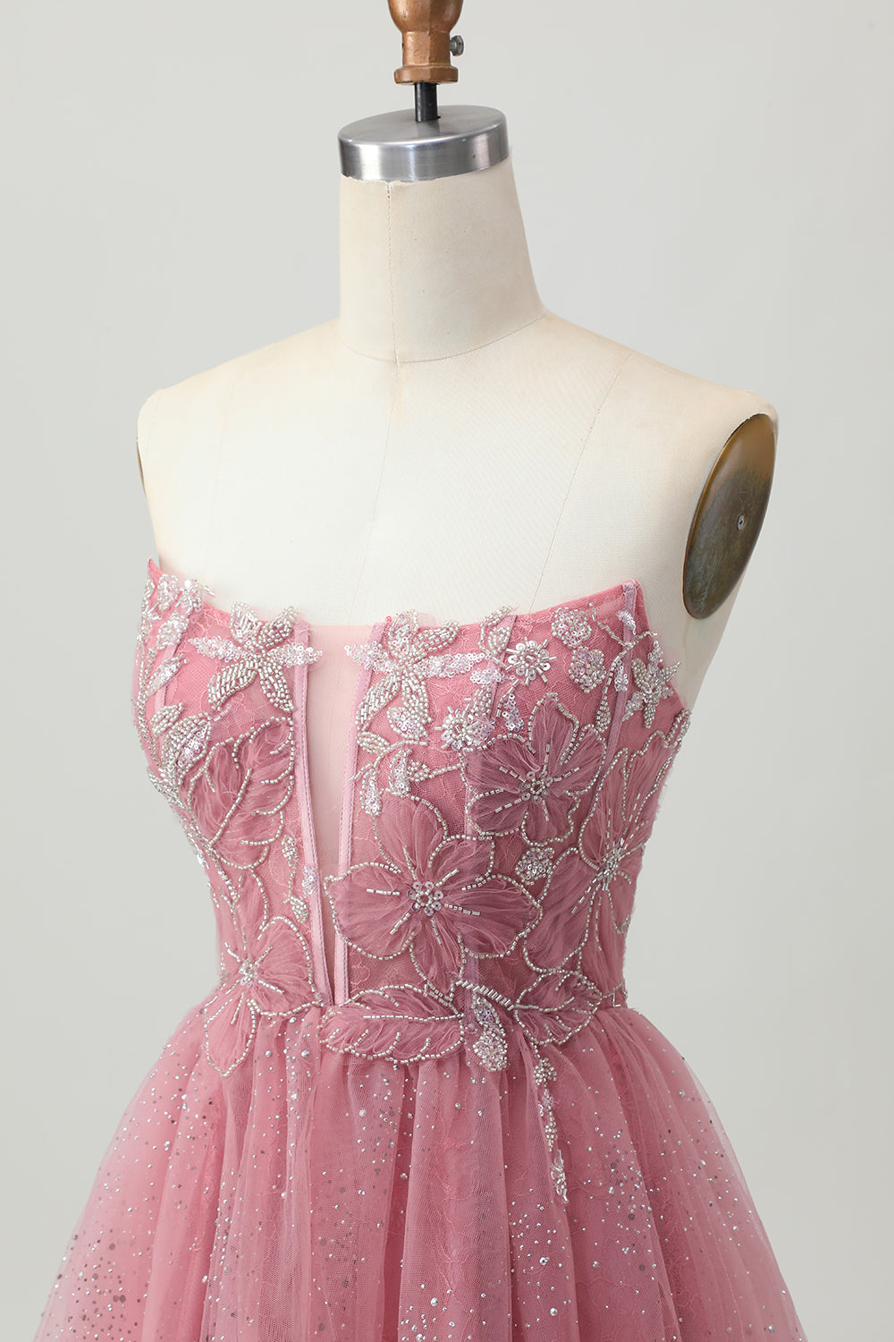 Glitter Dusty Rose Tulle Corset Short Tiered Homecoming Dress with Ruffles