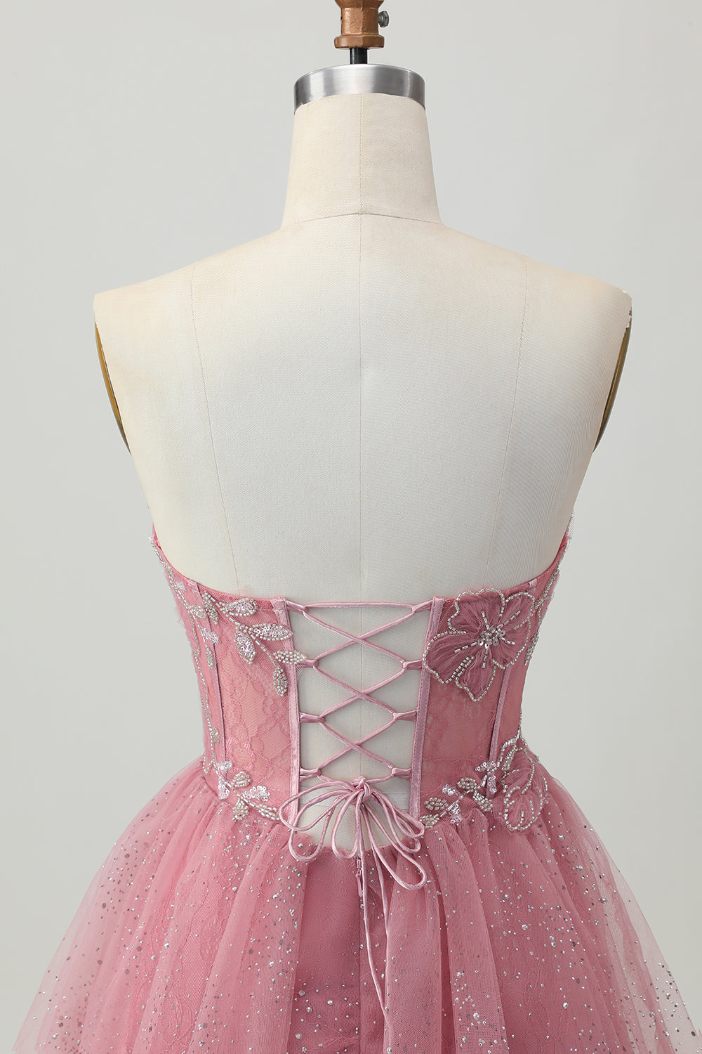 Glitter Dusty Rose Tulle Corset Short Tiered Homecoming Dress with Ruffles