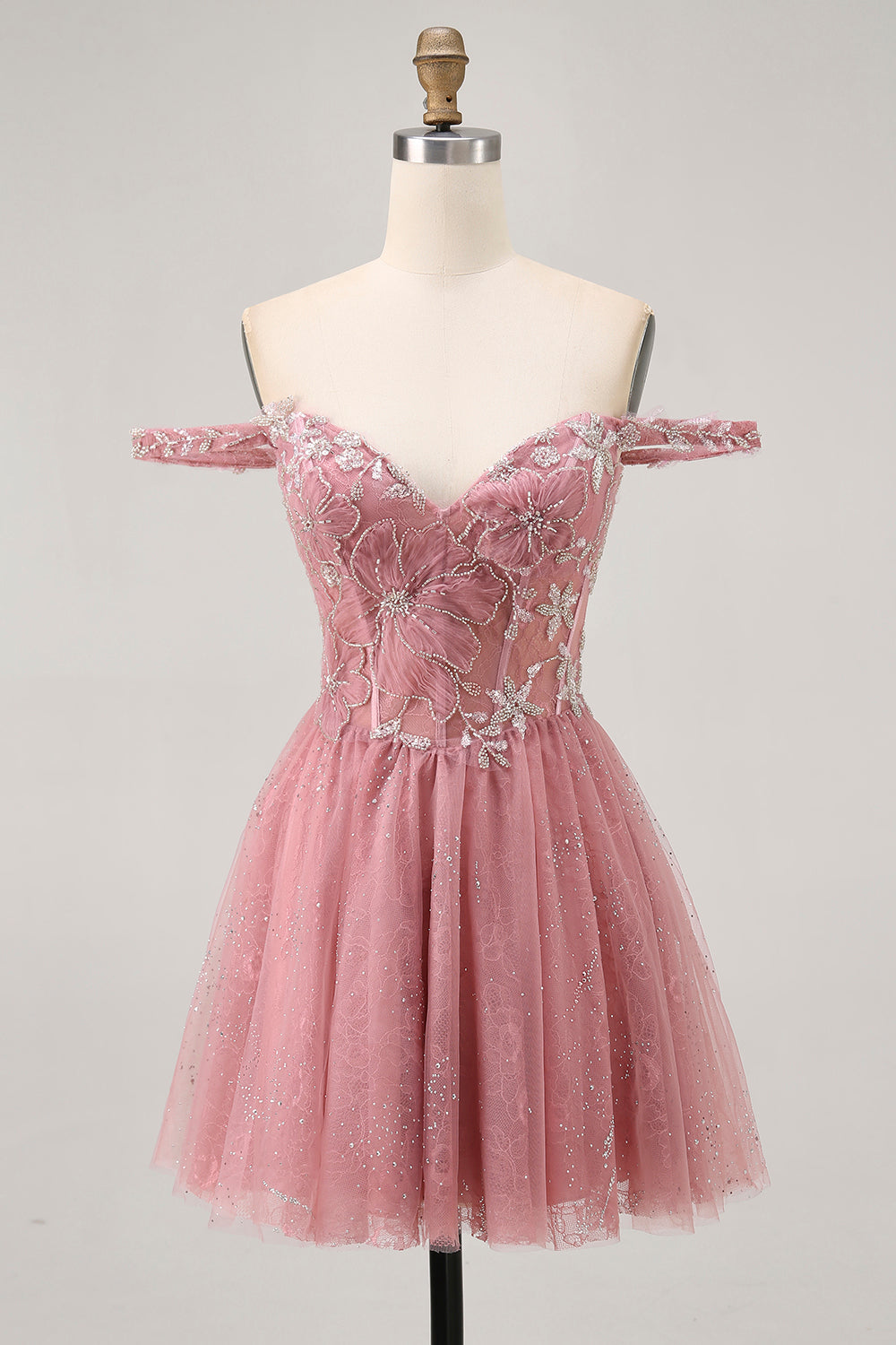 Leely Women Glitter Dusty Rose Floral Short Corset Homecoming Dress with Lace A Line Off the Shoulder Cocktail Dress with Beading