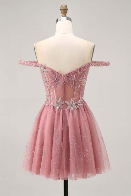 Glitter Dusty Rose Floral A Line Short Corset Homecoming Dress