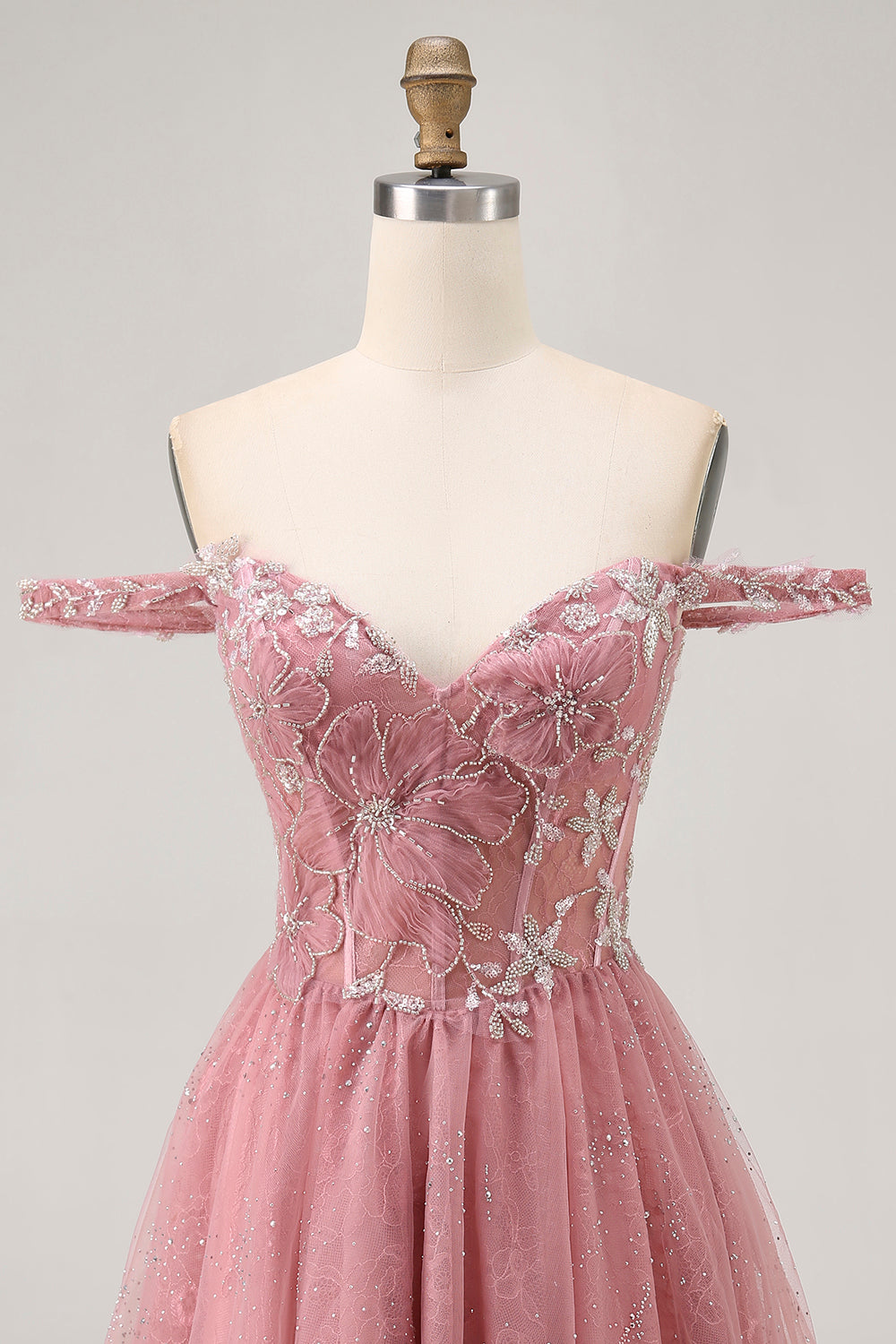 Glitter Dusty Rose Floral A Line Short Corset Homecoming Dress