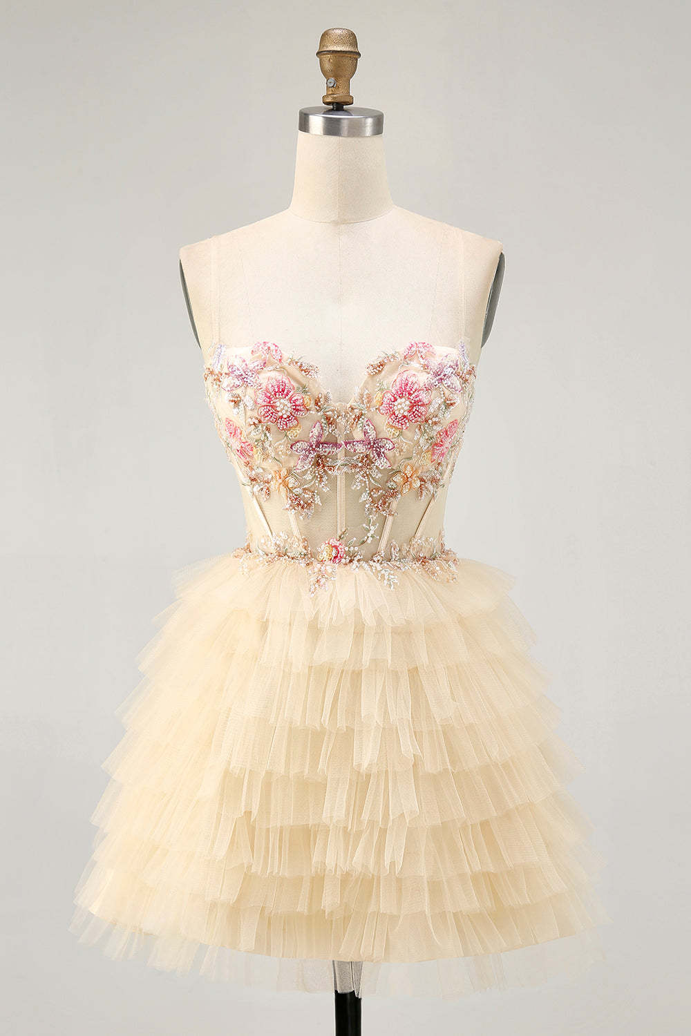 Leely Women Sparkly Apricot Floral Short Corset Homecoming Dress with Ruffles Tiered Spaghetti Straps A Line Lace Up Back Cocktail Dress