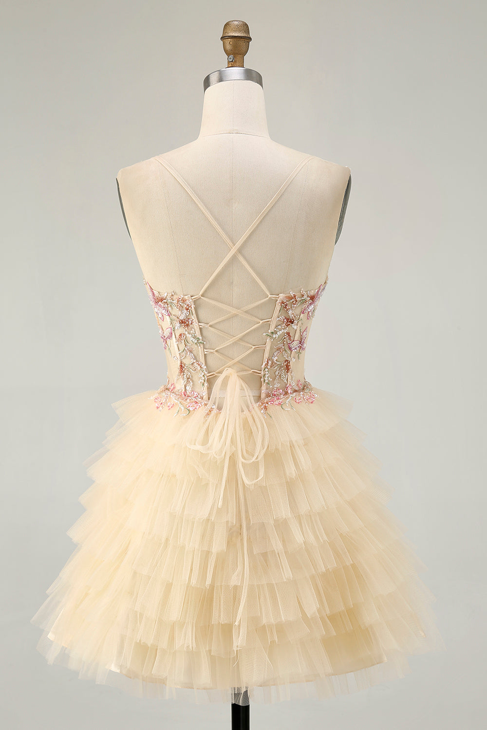 Apricot Floral Corset Short A Line Tiered Homecoming Dress with Ruffles