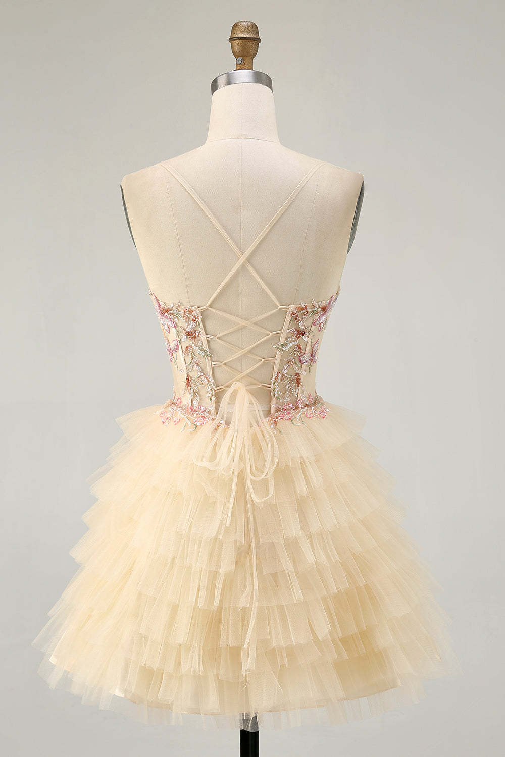 Apricot Floral Corset Short A Line Tiered Homecoming Dress with Ruffles