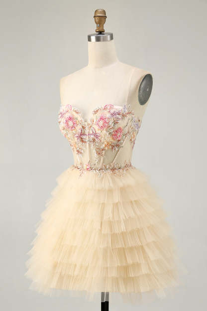 Apricot Floral Corset Short A Line Tiered Homecoming Dress with Ruffles