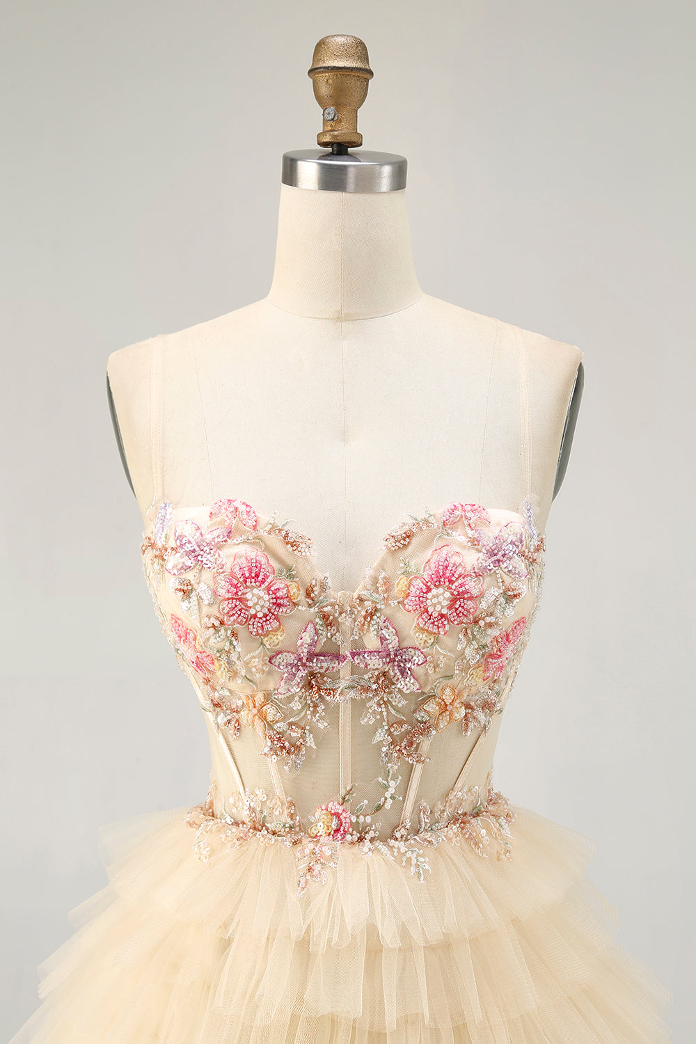 Apricot Floral Corset Short A Line Tiered Homecoming Dress with Ruffles
