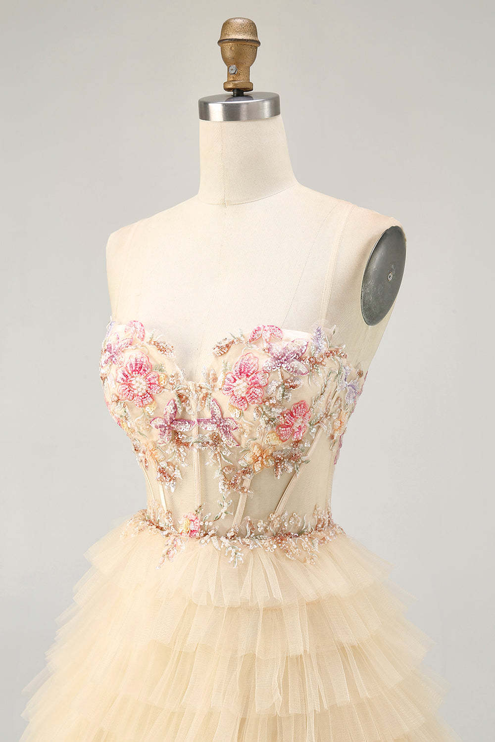 Apricot Floral Corset Short A Line Tiered Homecoming Dress with Ruffles