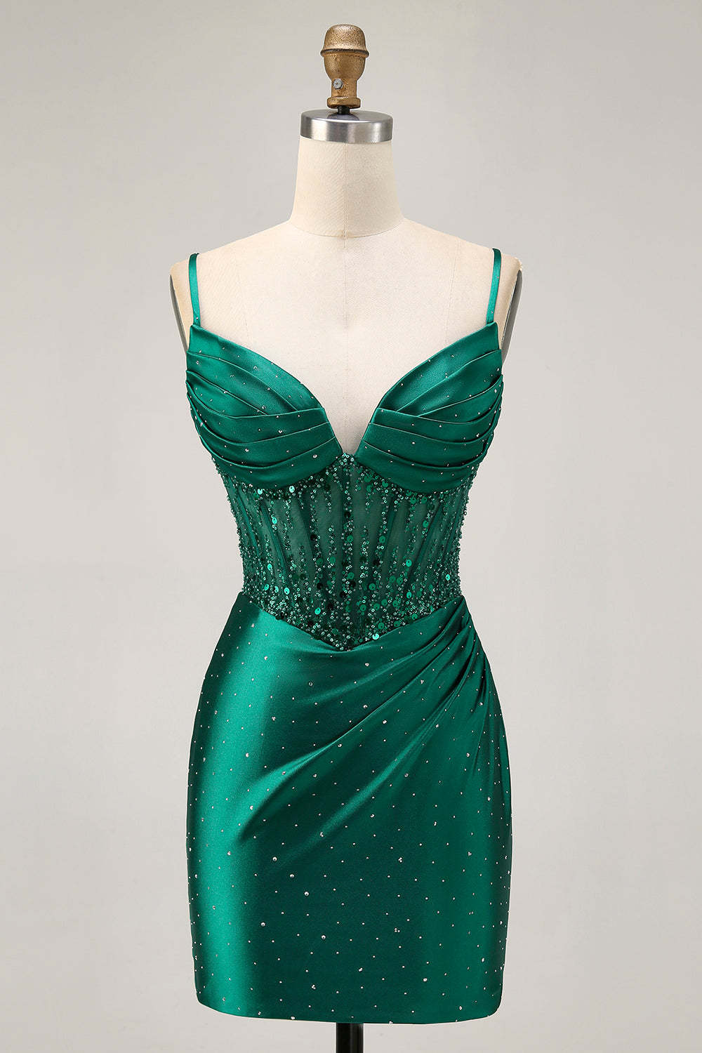 Leely Women Sparkly Dark Green Corset Short Satin Homecoming Dress with Beading Ruched Tight Spaghetti Straps Cocktail Dress